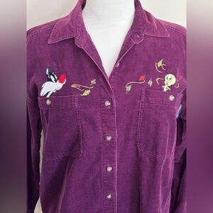 Vintage Tweety Looney Tunes Purple Long Sleeve Embroidered Shirt Sz S AS IS!
